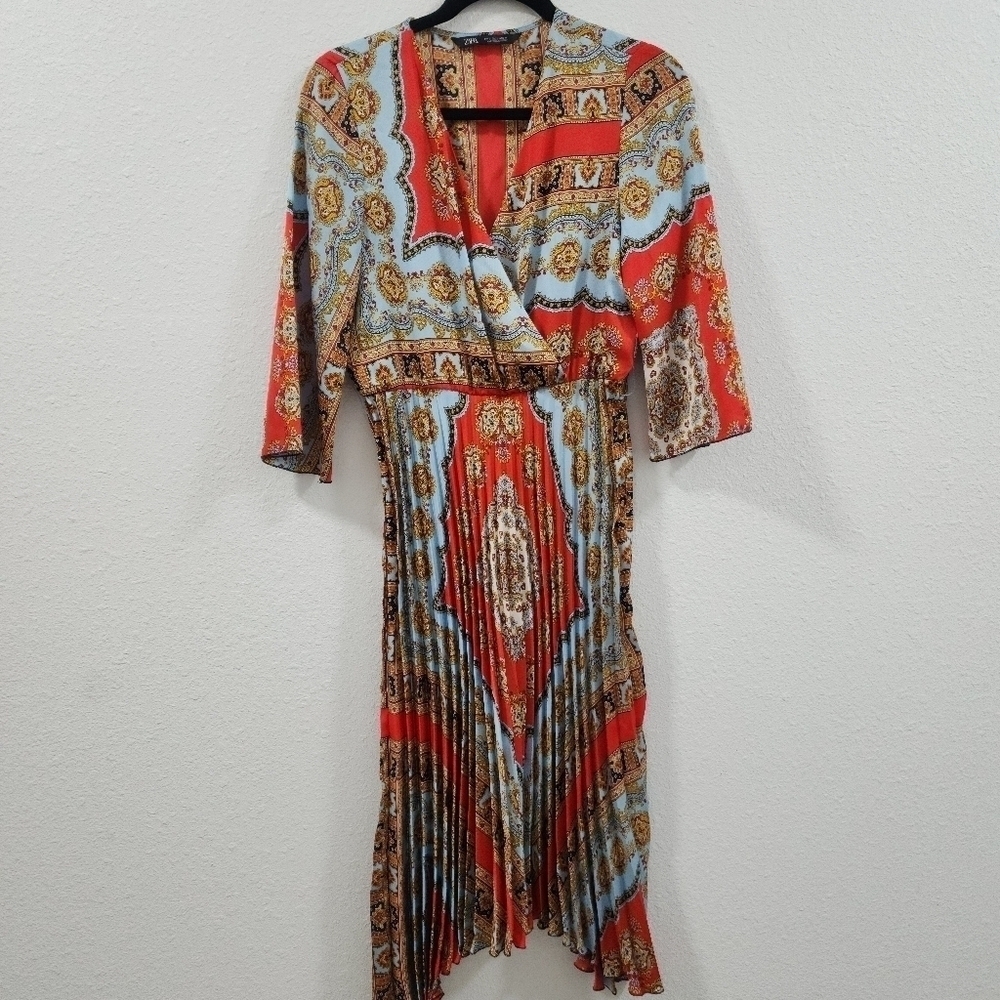 ZARA Boho Patchwork Wrap Midi Dress Red Blue Print Belted Pleated V-Neck - Picture 13 of 15